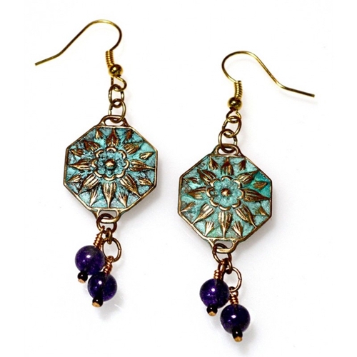 Click to view detail for EC-139 Earrings Floral Dangle, Double Amethyst $105
